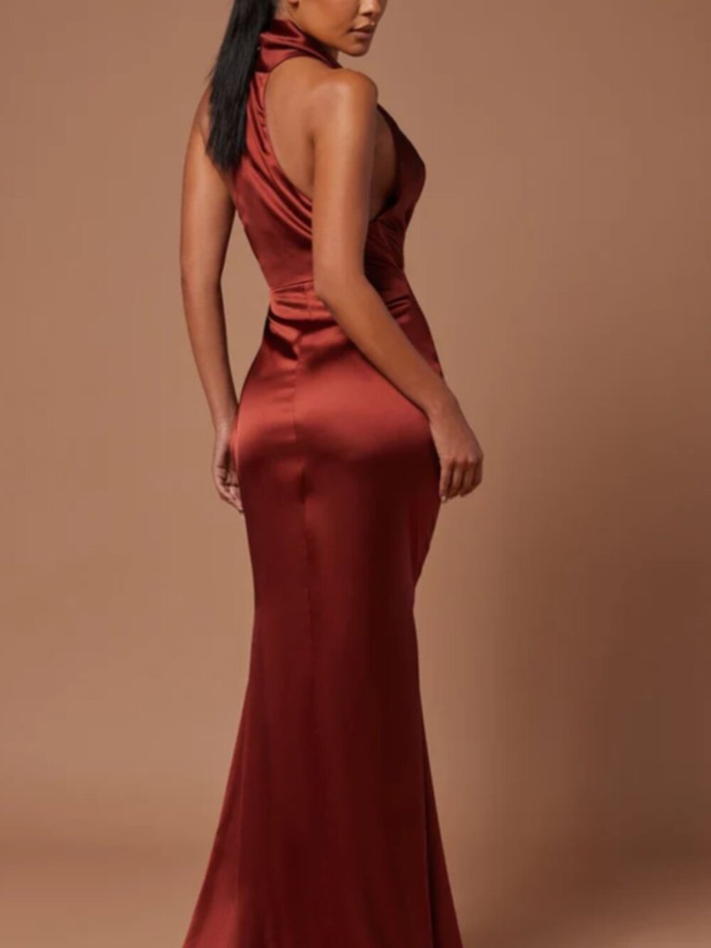 Fashion Nova Leana Satin Draped Maxi Dress Rust Size L - Picture 2 of 7
